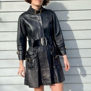 Vintage 70s Black Leather Belted Trench Coat made in Israel designer